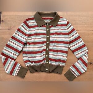 Striped Button-Up Collared Sweater - Green, Red, White